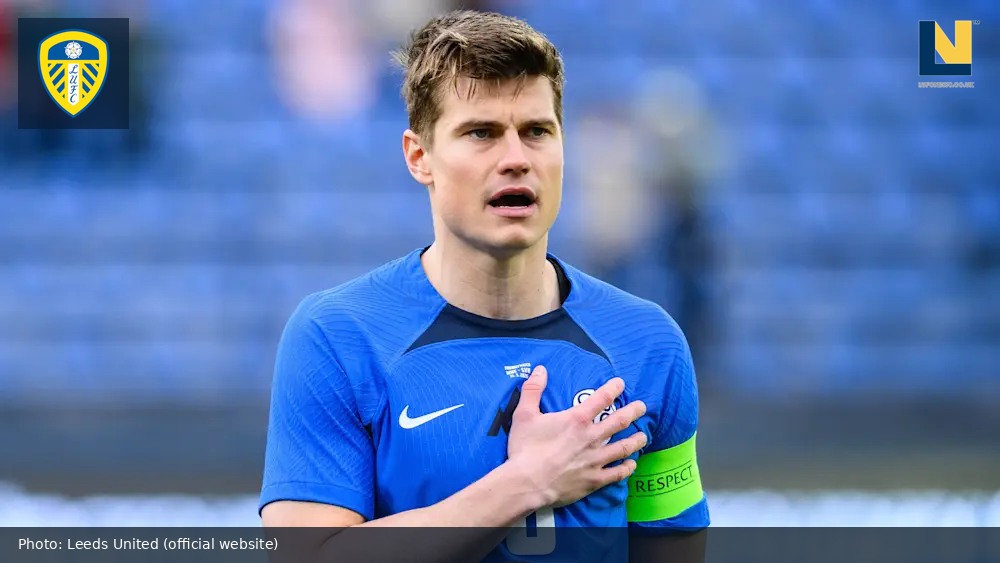 Jaka Bijol on Slovenia duty in a March 2026 file photo, with Leeds United crest and LUFC News mark