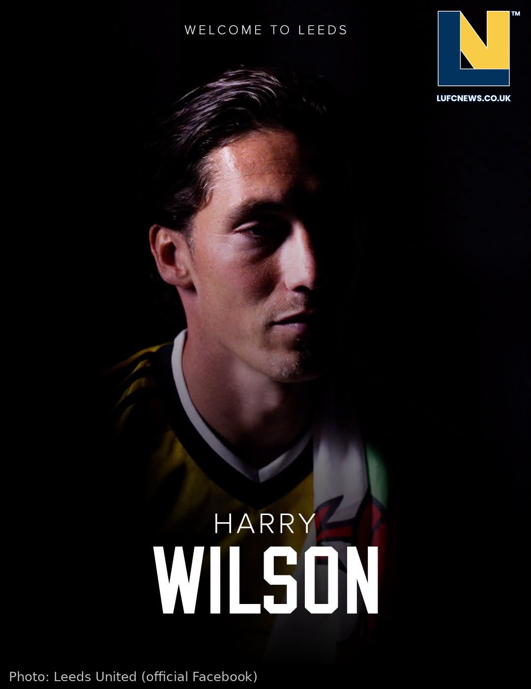 Harry Wilson in Leeds United's official signing announcement graphic (Leeds United official Facebook); LUFC News logo added