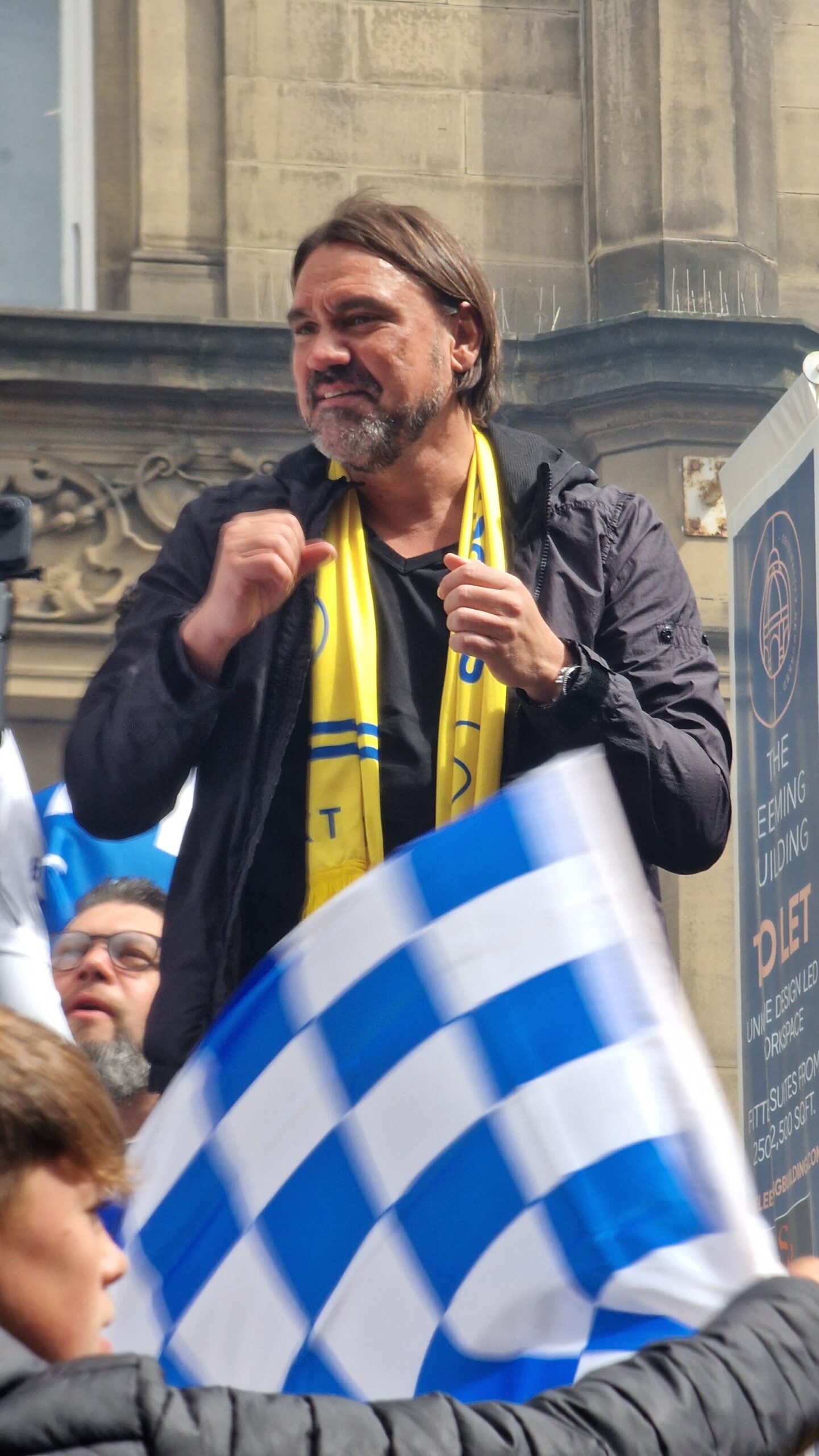 Leeds United manager Daniel Farke at the Championship title parade, May 2025