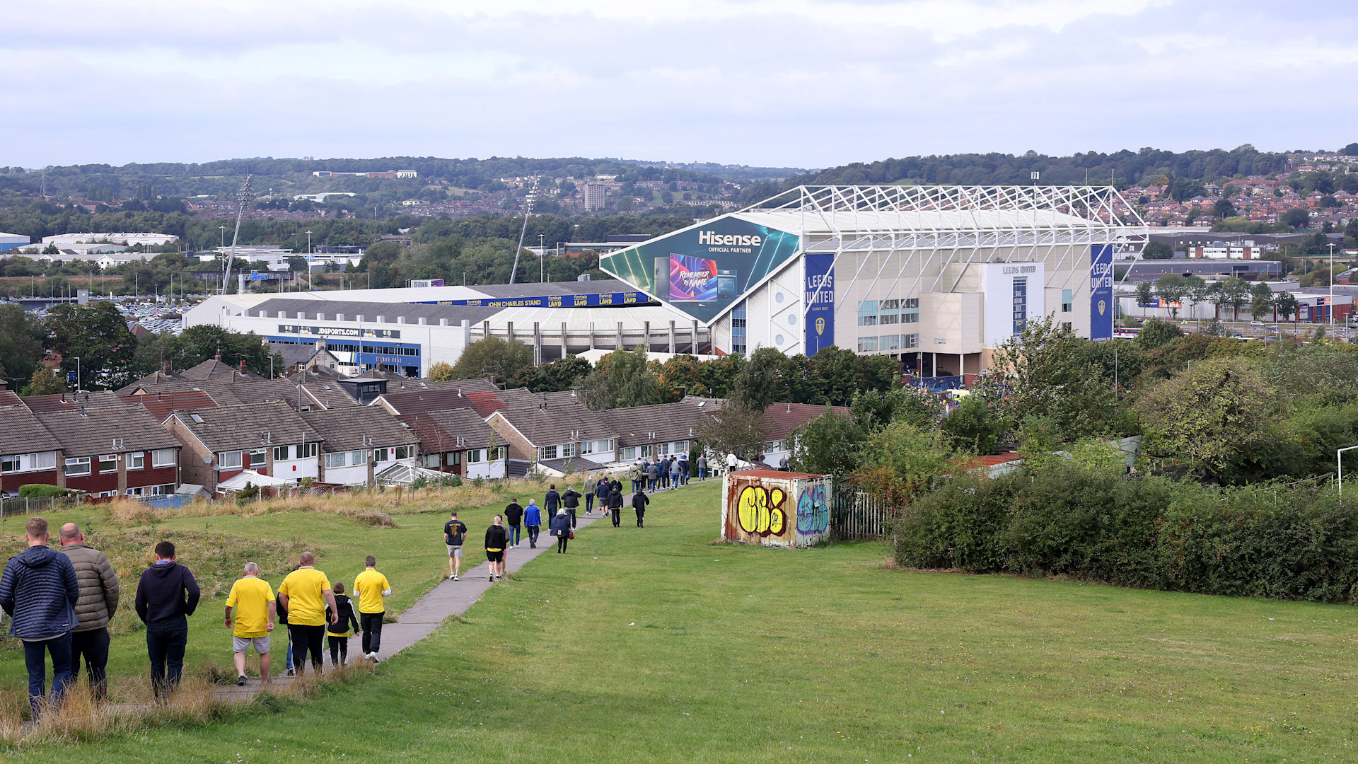 Fans walking towards Elland Road, where Elland Road parking has sold out for Sunday’s match