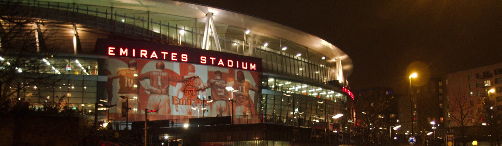 Emirates Stadium lit at night, venue for Arsenal v Leeds