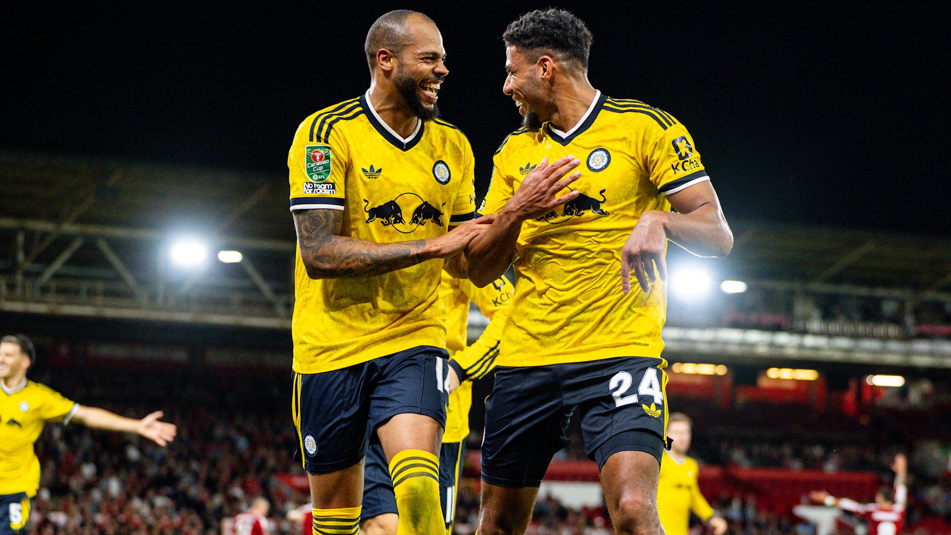 James Justin and Lukas Nmecha celebrate for Leeds United away at Nottingham Forest in August 2026